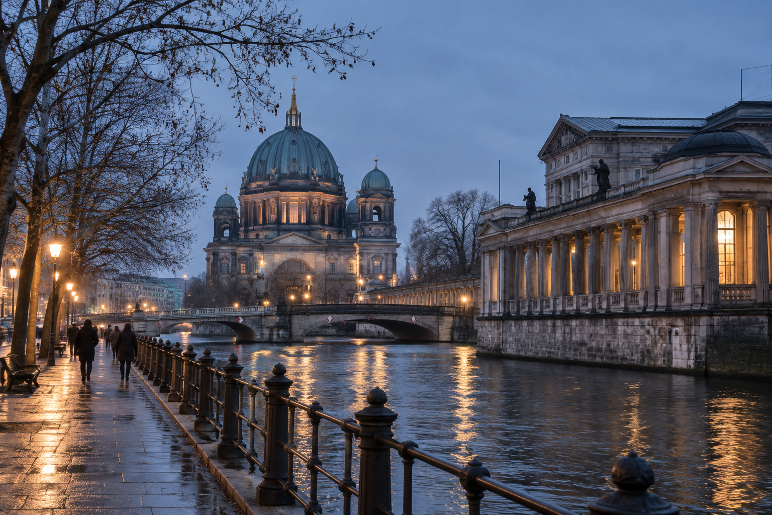 Berlin Cathedral and the Spree beside Museum Island on a winter evening.