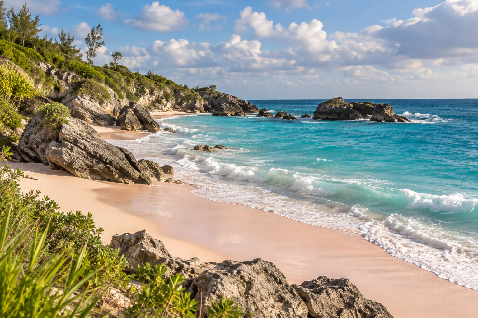 Pale pink sand and turquoise water at Horseshoe Bay Beach in Bermuda beneath a partly cloudy sky.