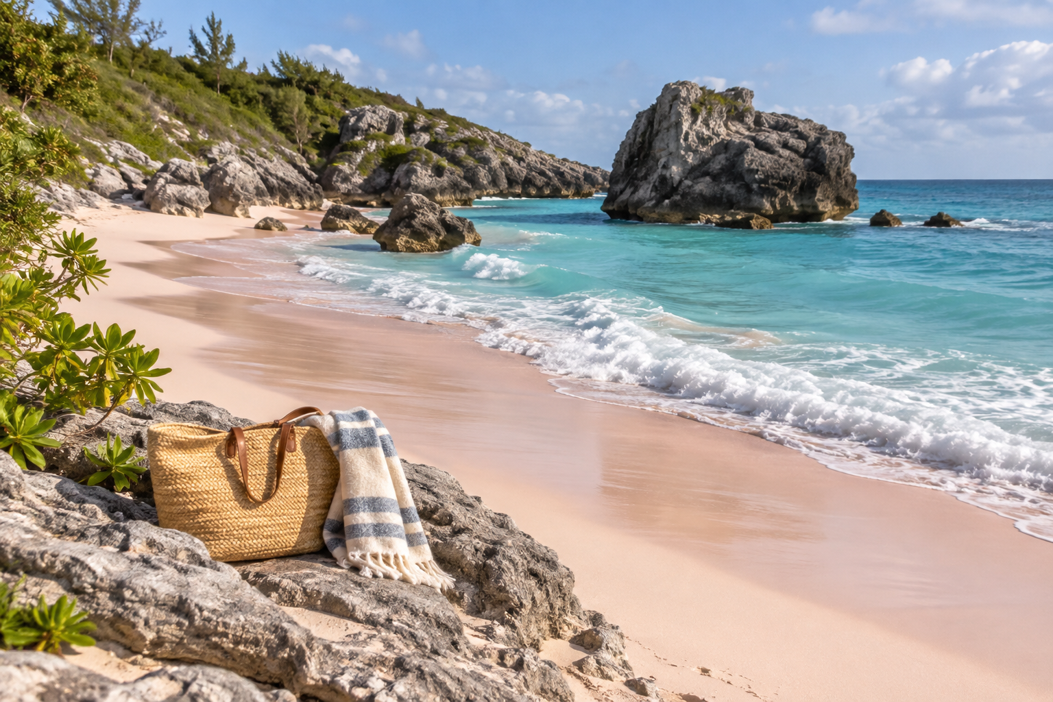 Pale sand and turquoise water at Horseshoe Bay Beach in Bermuda, framed by limestone rocks.