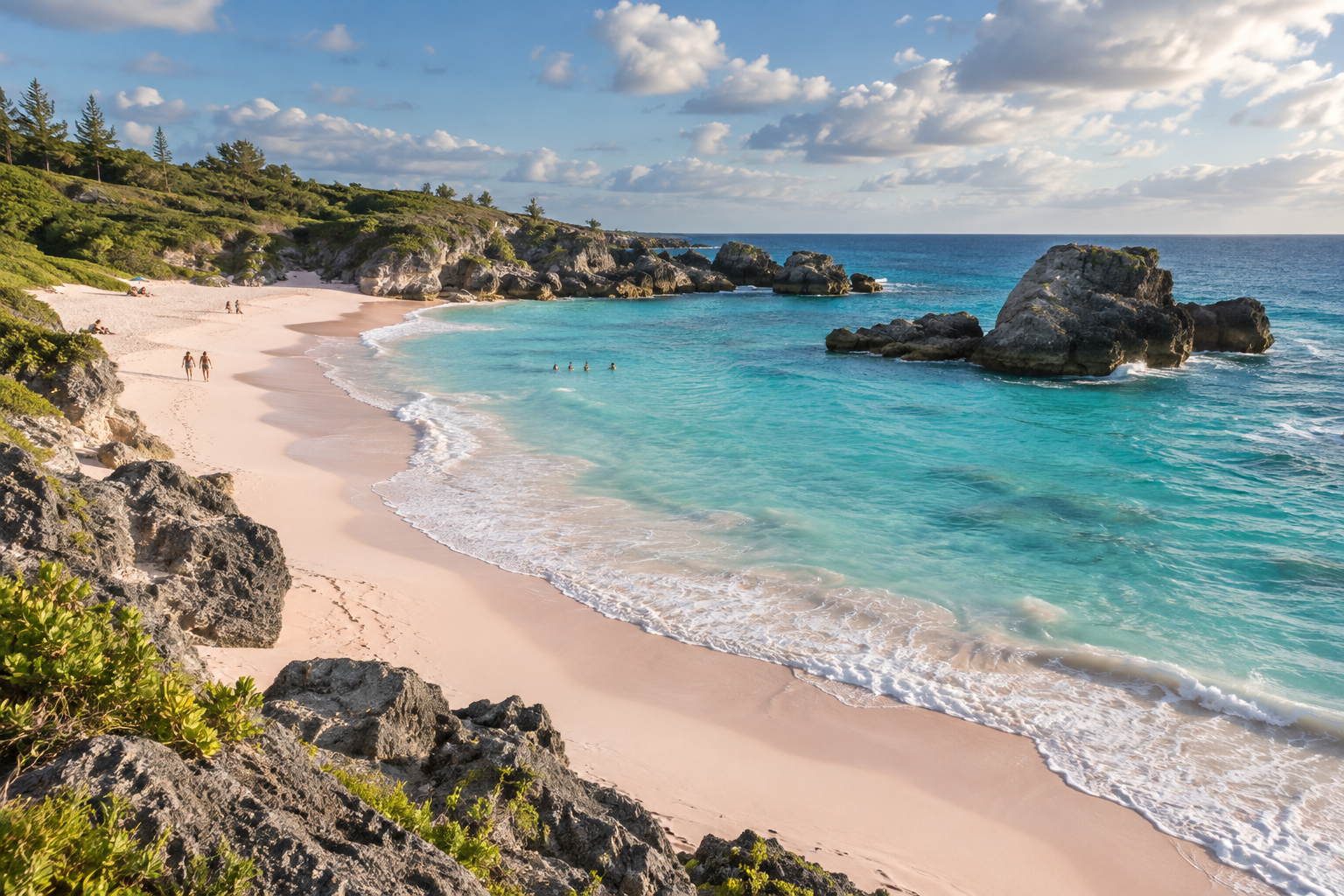 Curved sand and turquoise water at Horseshoe Bay Beach in Bermuda, framed by limestone rocks.
