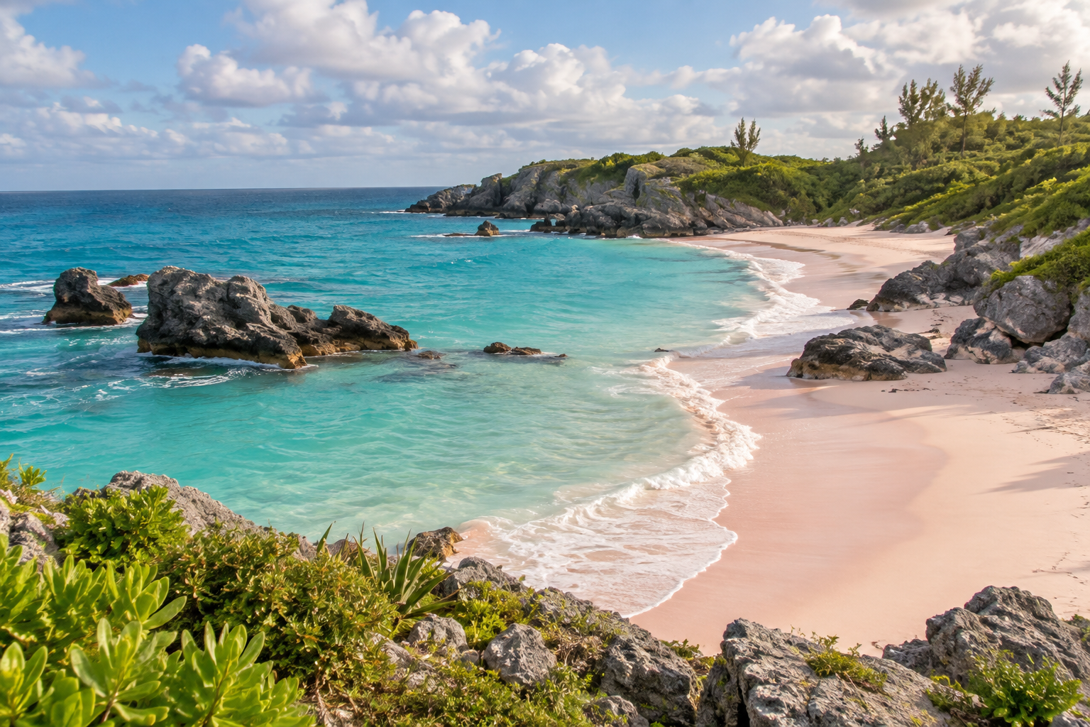 Pale pink sand, turquoise water and limestone rocks at Horseshoe Bay Beach in Bermuda.