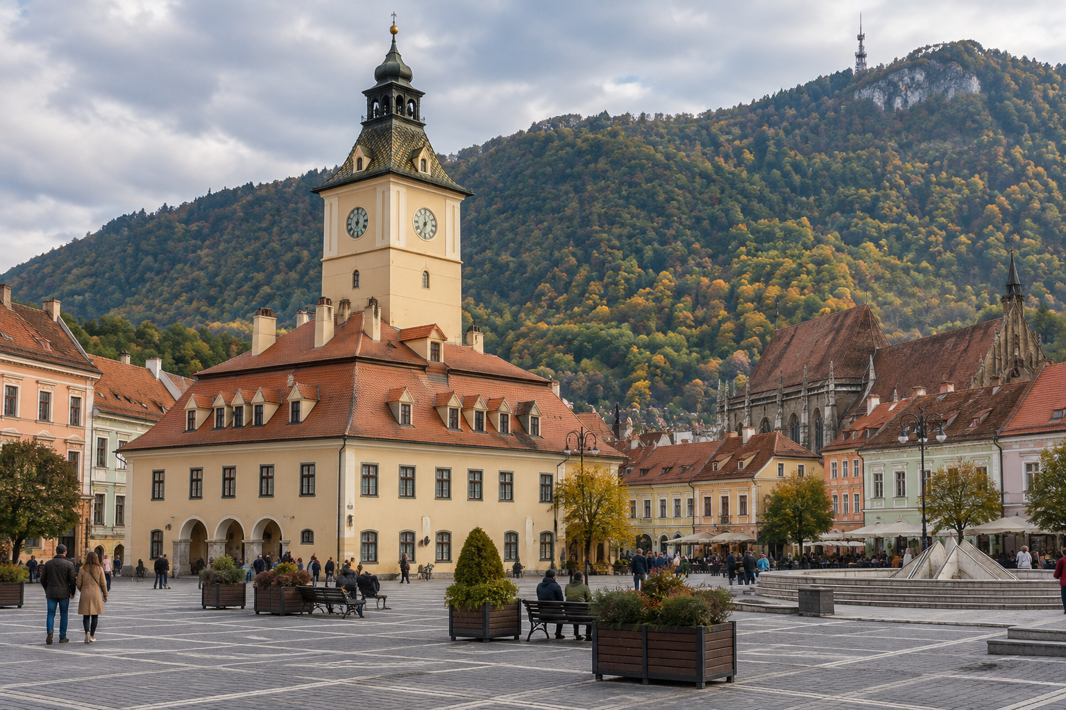 Illustrative view of Brașov’s Council Square with historic facades and the wooded Tâmpa hillside in autumn.