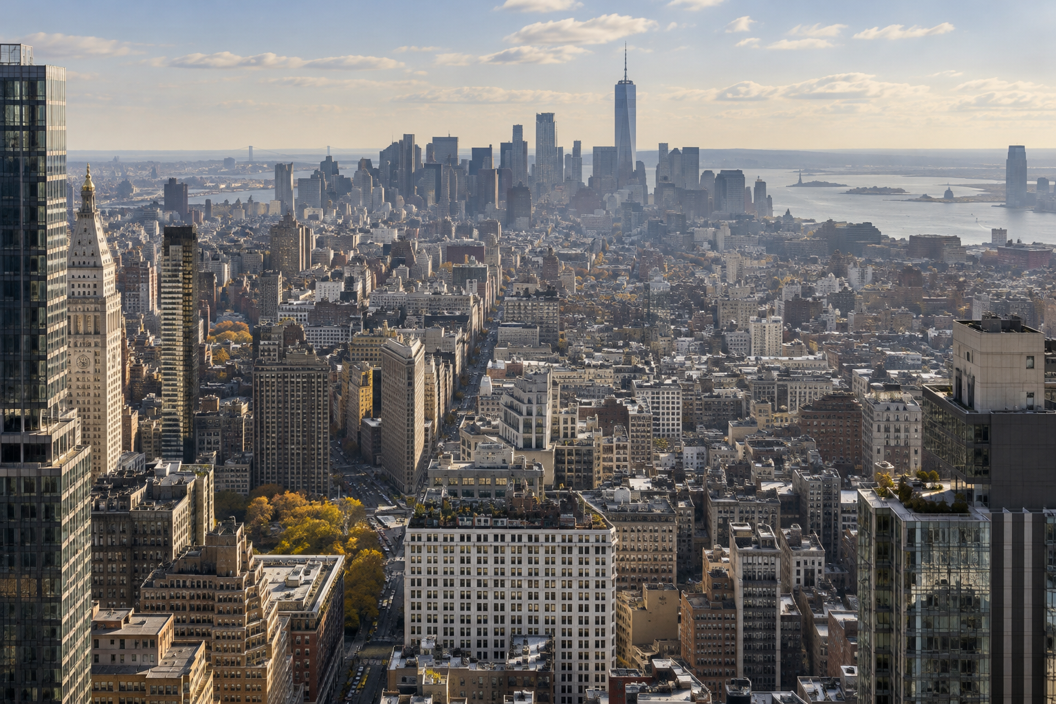 View south across Midtown toward the Lower Manhattan skyline in New York City in autumn.