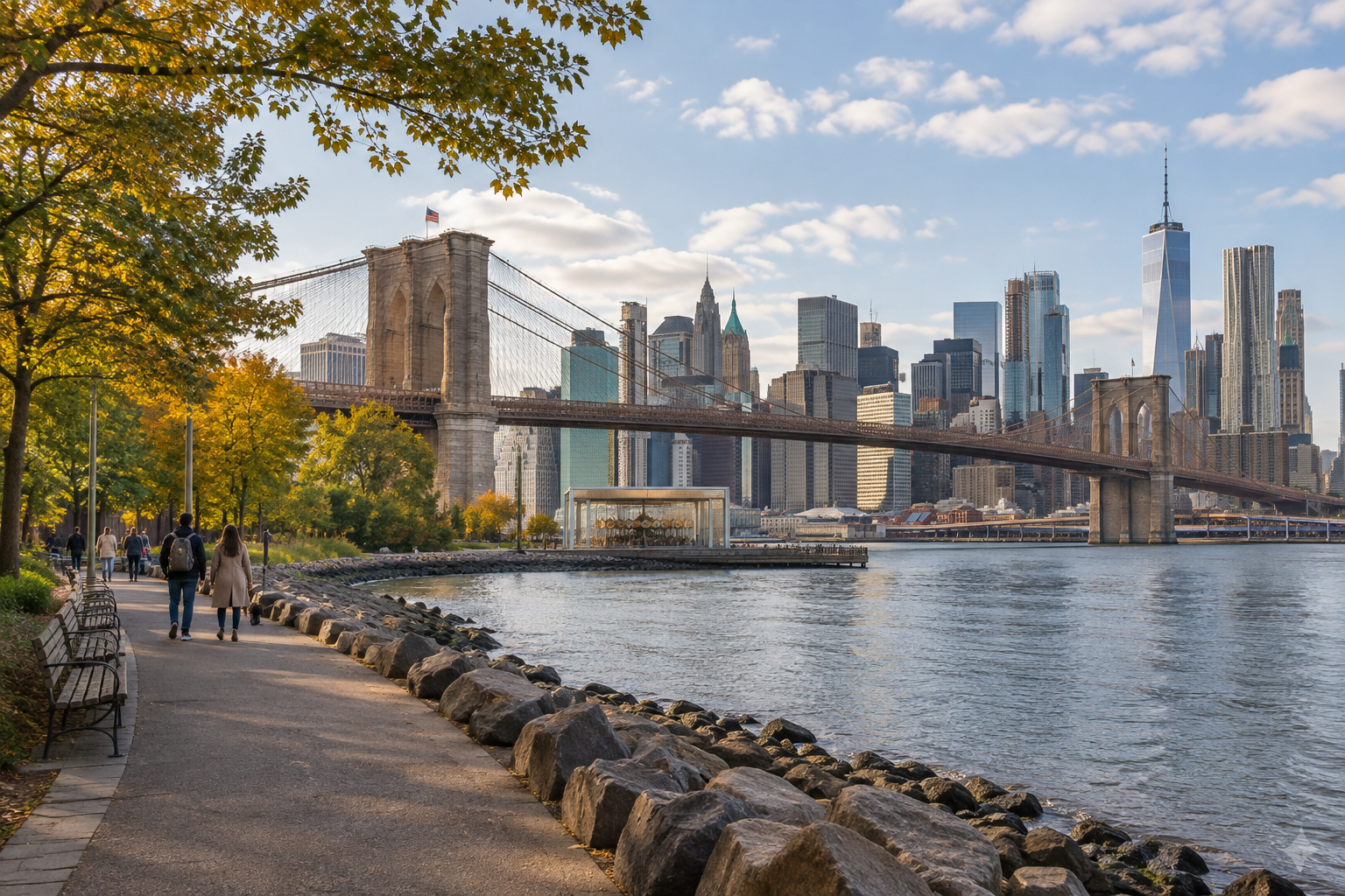 New York City skyline and Brooklyn Bridge seen from a waterfront path in Brooklyn Bridge Park in autumn.