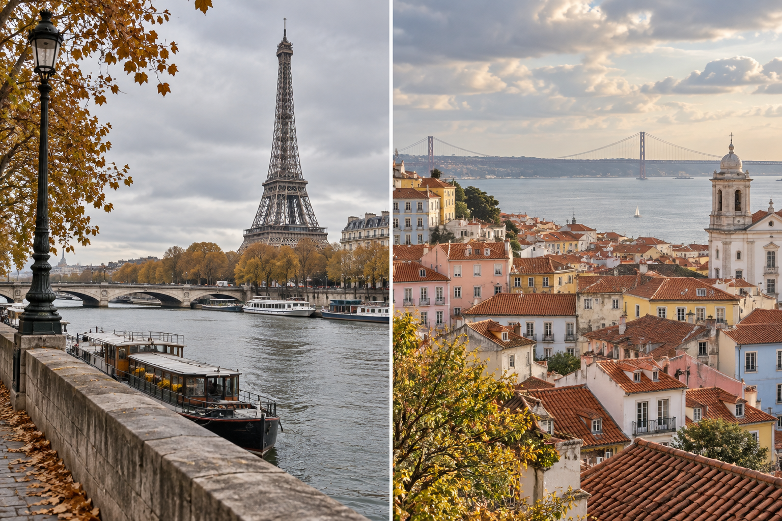 Two-panel view of Paris beside the Seine and Lisbon rooftops overlooking the Tagus in autumn.