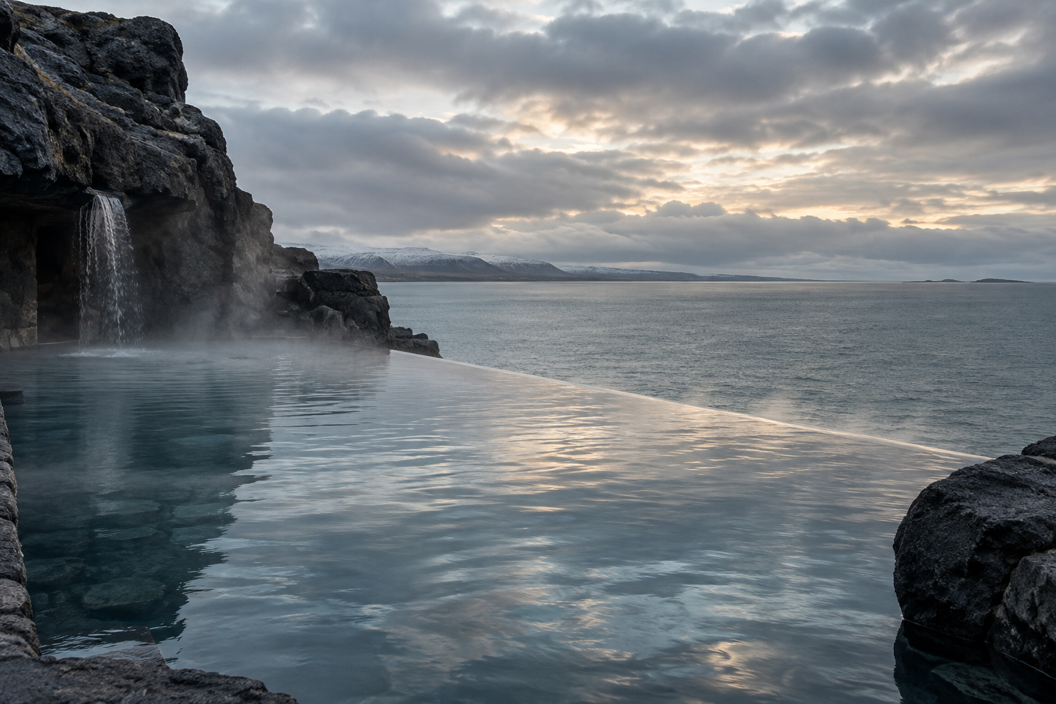 Steam above an ocean-facing geothermal pool at Sky Lagoon near Reykjavík, Iceland.