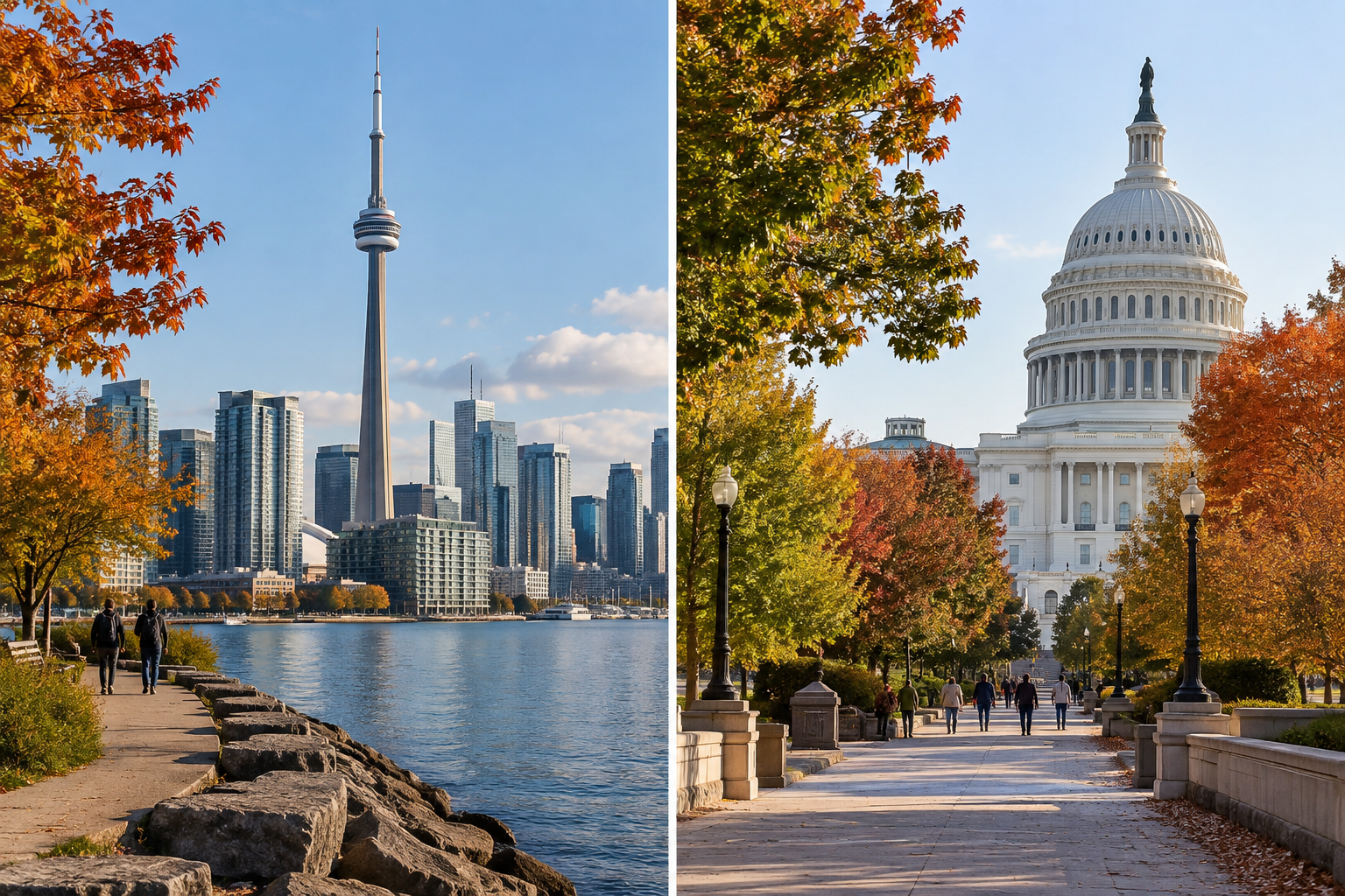 Side-by-side autumn views of Toronto's CN Tower skyline and the United States Capitol in Washington, DC.