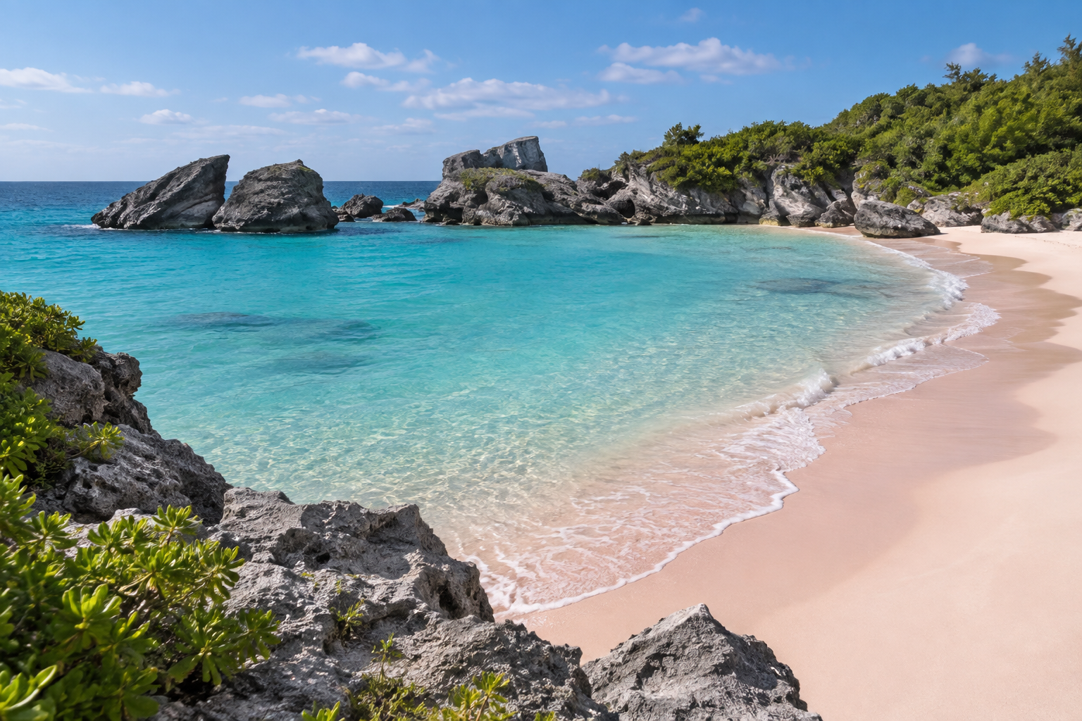 Pale pink sand, turquoise water, and limestone rocks at Horseshoe Bay Beach on Bermuda’s South Shore.