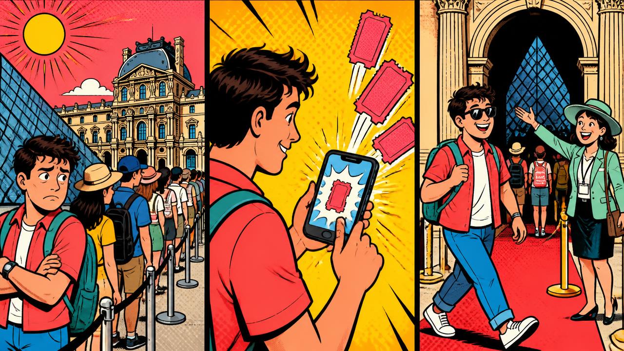 Comic strip: a traveller books tickets on their phone and skips the queue
