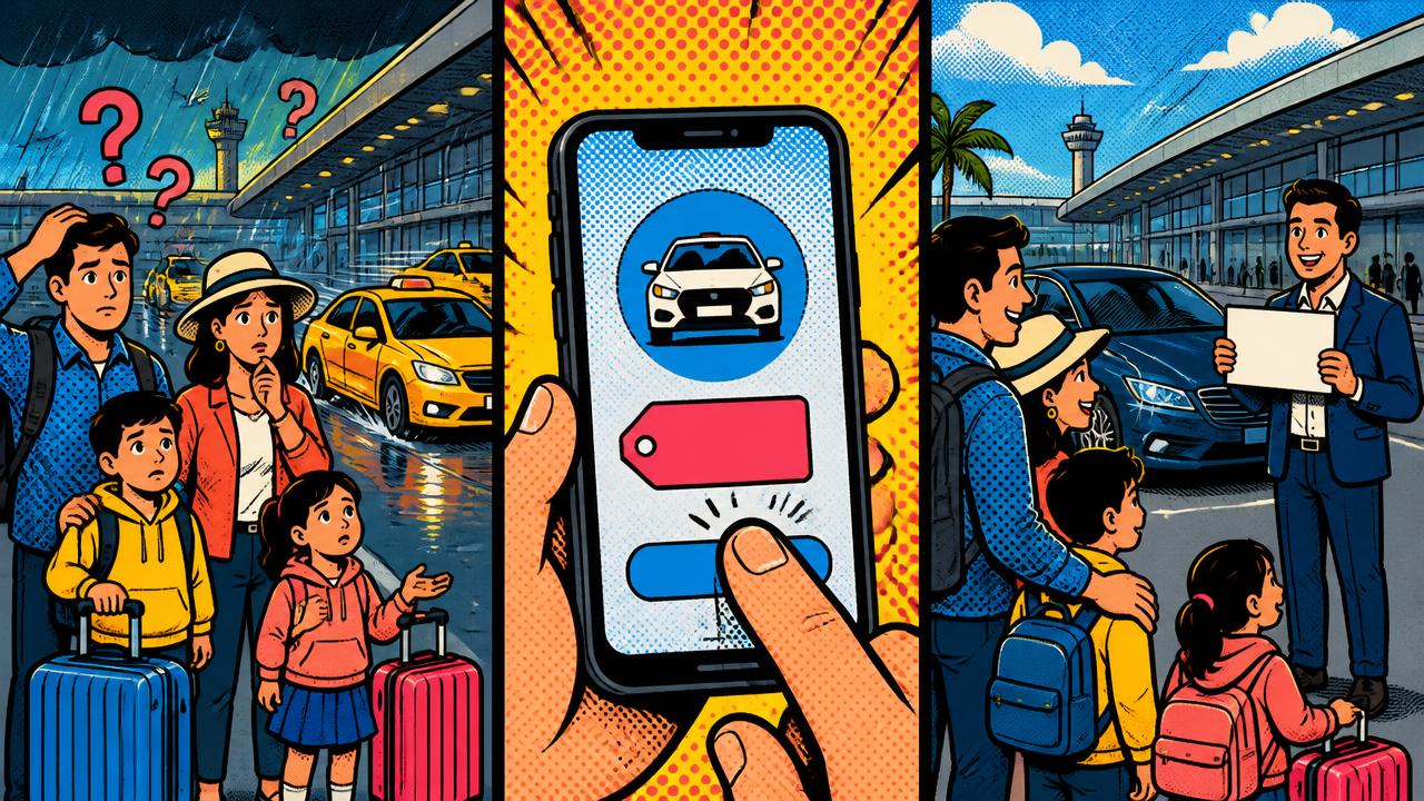 Comic strip: a family books a transfer and a driver meets them at arrivals