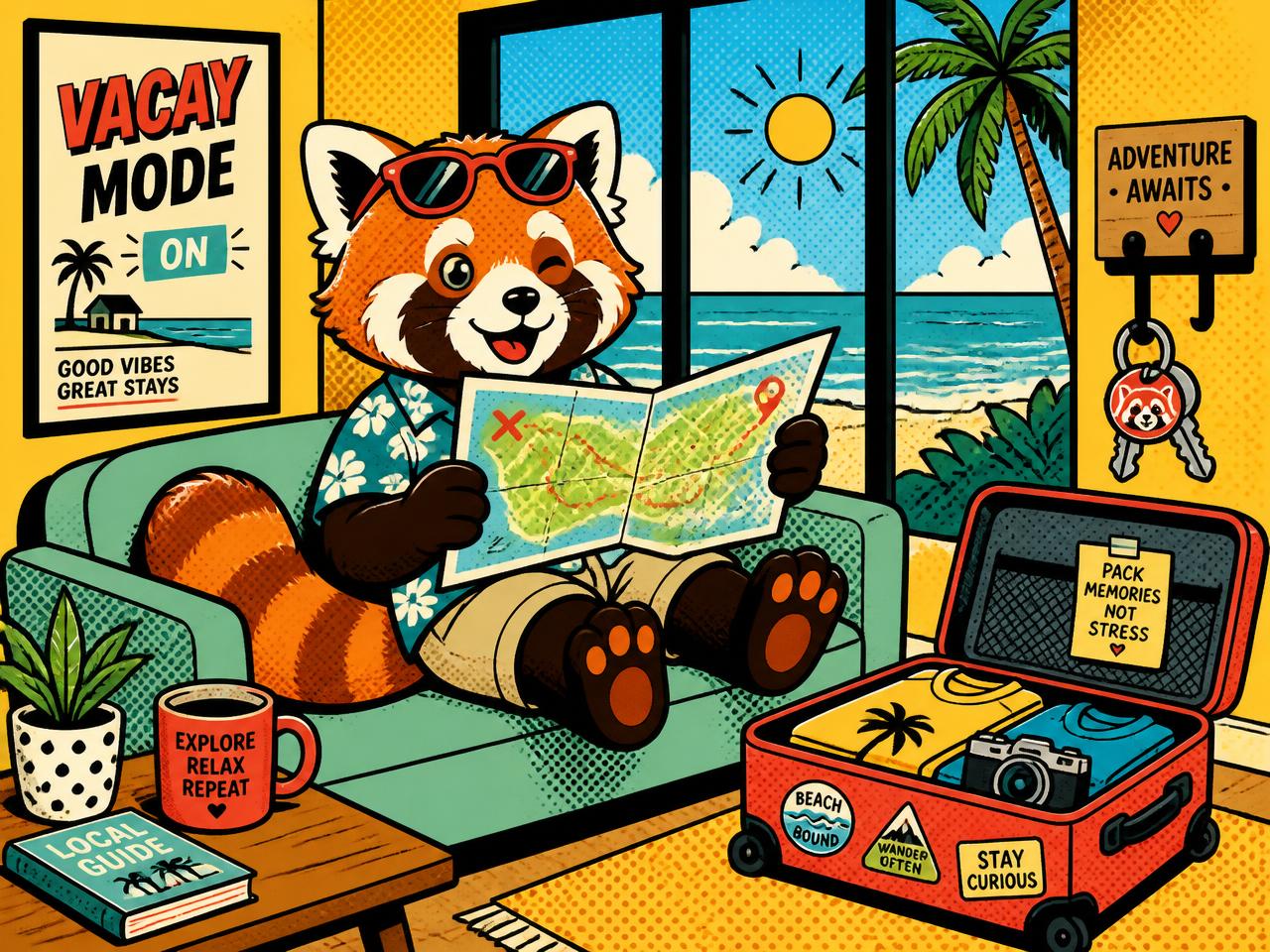 Pop-art illustration of the Vayko red panda relaxing in an Airbnb-style apartment with a map
