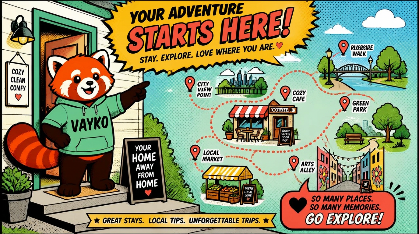 Pop-art illustration of the Vayko red panda pointing out cafes, parks and markets near a city apartment